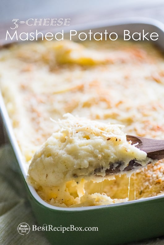 3-Cheese Mashed Potato Casserole Recipe in a casserole with wooden spoon