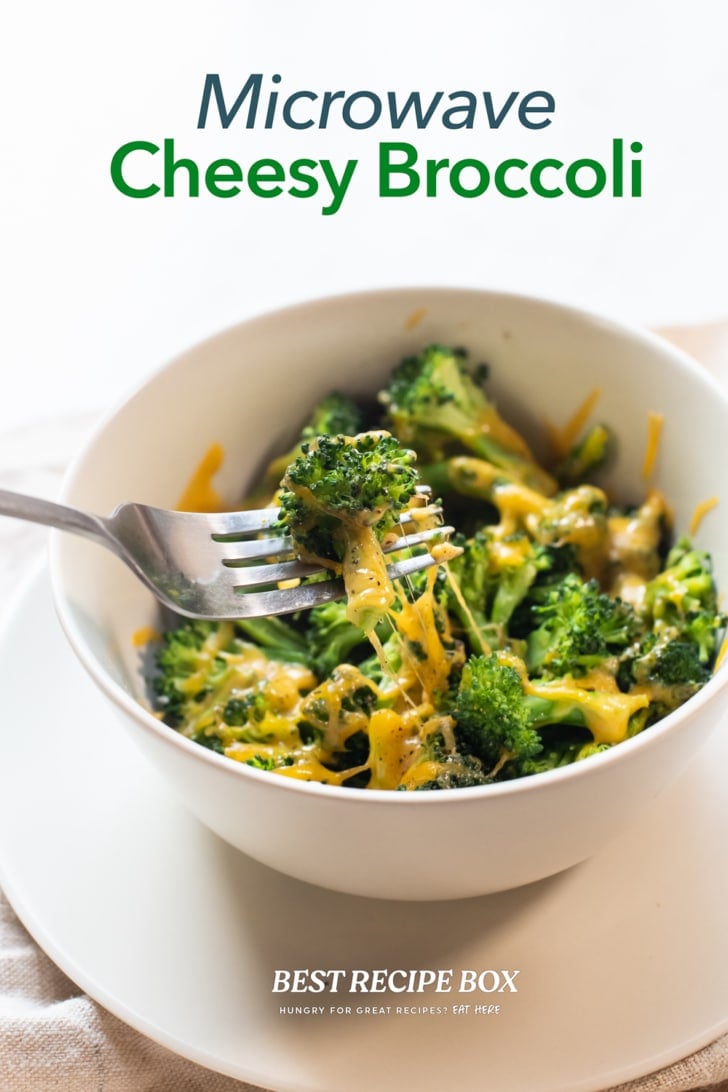 Microwave Broccoli with Cheese or Cheesy Broccoli in a bowl with fork