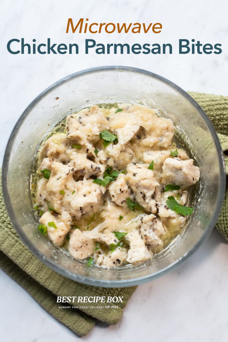 Microwave Chicken Bites Recipe with Garlic Parmesan in a glass bowl 