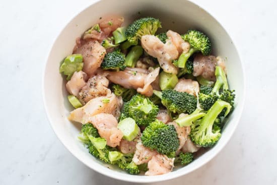 Chicken and broccoli in a bowl