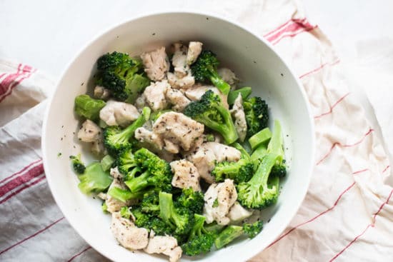 Cooked chicken and broccoli in a bowl