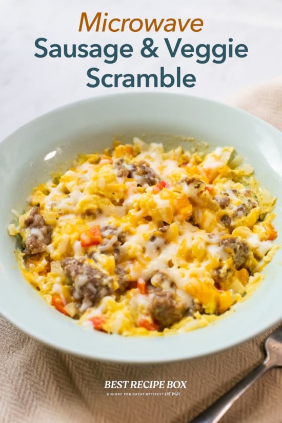 Microwave Sausage Scramble Recipe with Veggies in a blue bowl 