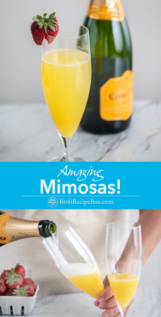 Mimosa Recipe with Sparkling Wine and Orange Juice in a glass pouring