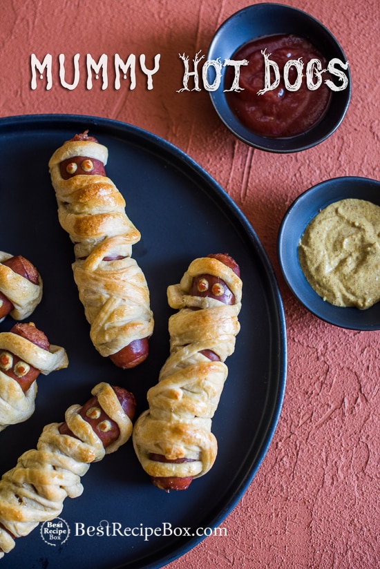Halloween Mummy Hot Dogs Recipe on a plate
