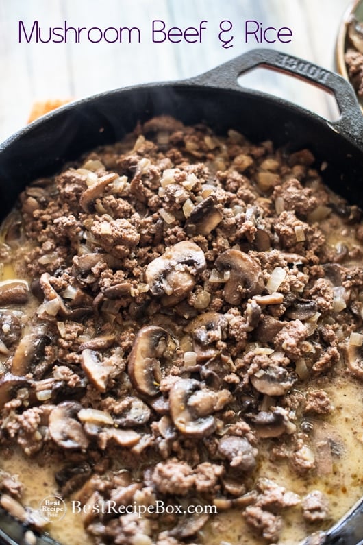 Mushroom Beef and Rice Recipe with Beef and Mushrooms Recipe on rice in a cast iron skillet