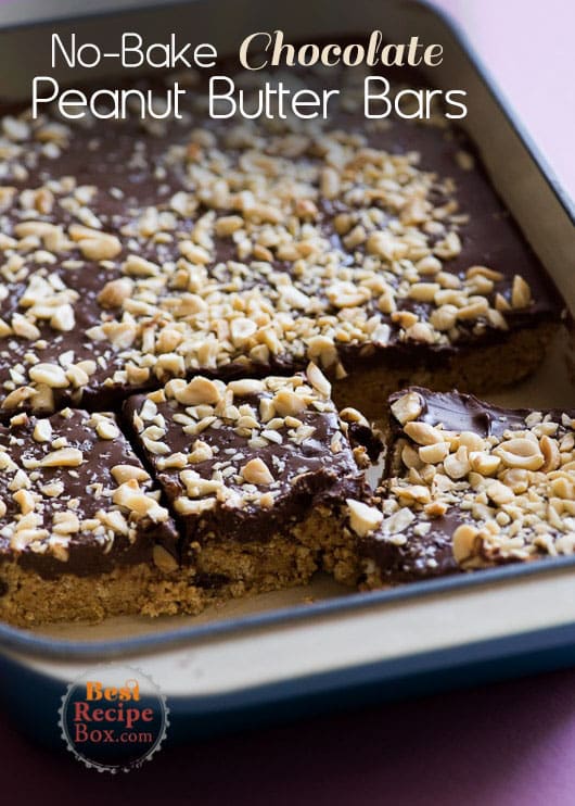 Amazing No-Bake Dark Chocolate Peanut Butter Bars with a touch to sea salt in casserole