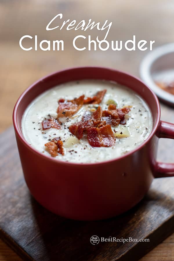 New England Homemade Clam Chowder Recipe in a mug 