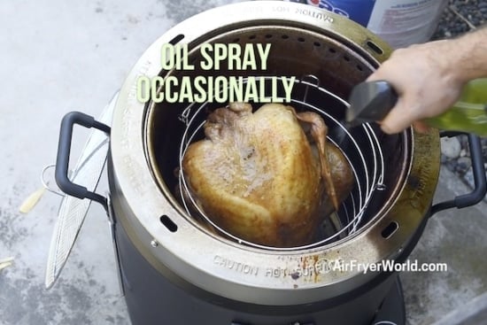 Spraying the turkey with oil