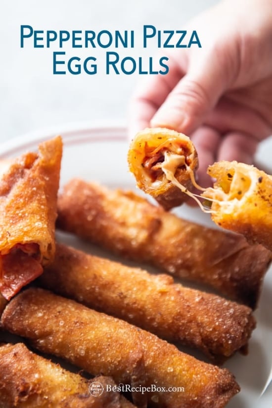Cheesy pepperoni pizza egg rolls recipe on a plate