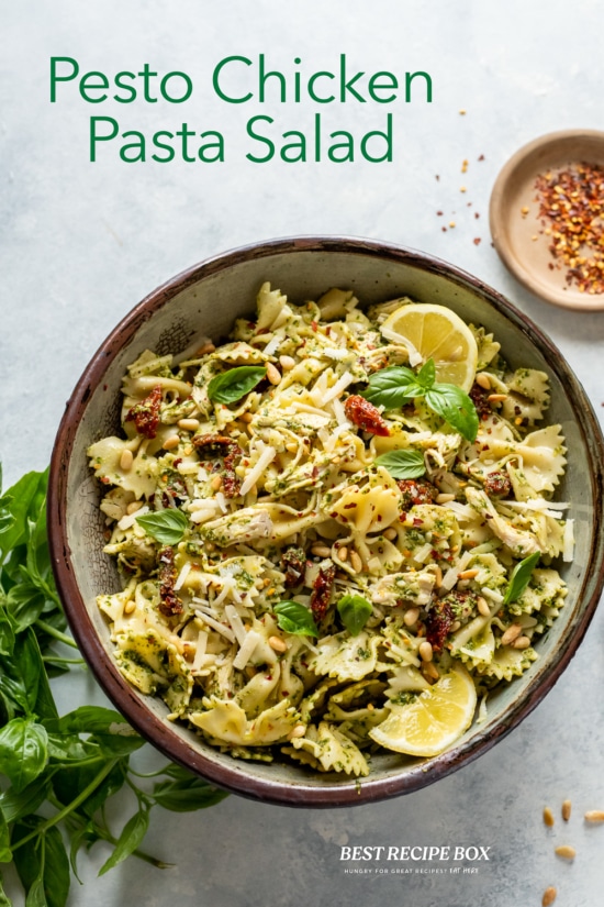 Chicken Pesto Pasta Salad Recipe in bowl
