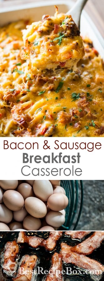 Amazing hash brown breakfast casserole recipe with bacon and sausage | @bestrecipebox