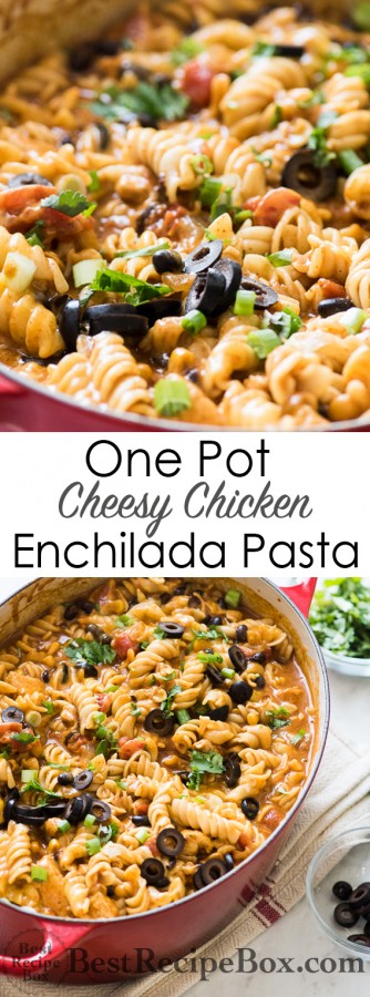 One Pot Cheesy Chicken Enchilada Pasta Recipe is comfort food for the soul! | @bestrecipebox
