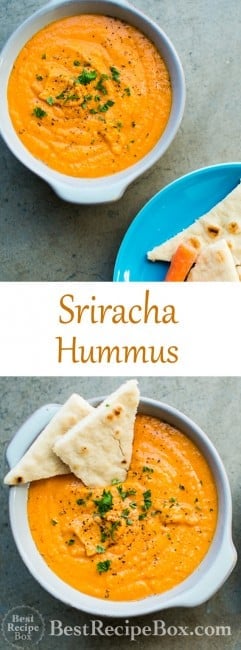 Easy 15 minute Spicy Sriracha Hummus Recipe that's super flavorful for Sriracha lovers on BestRecipeBox.com