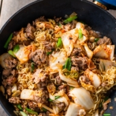 Korean Pork and Kimchi Stir Fried Noodles Recipe : Ramen Hack | BestRecipeBox.com