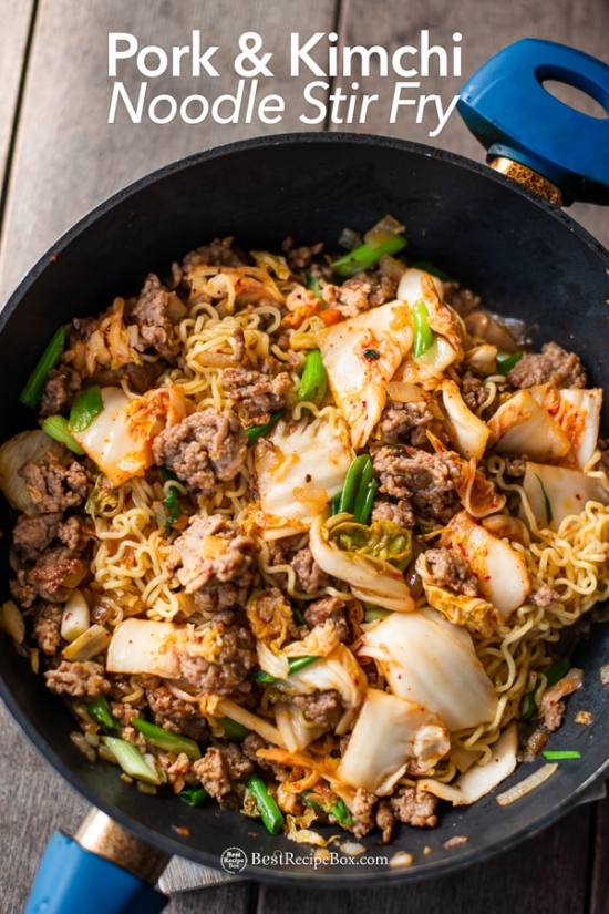 Korean Pork and Kimchi Stir Fried Noodles Recipe : Ramen Hack in cooking pot