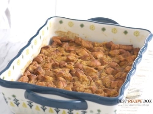 Baked bread pudding in baking dish