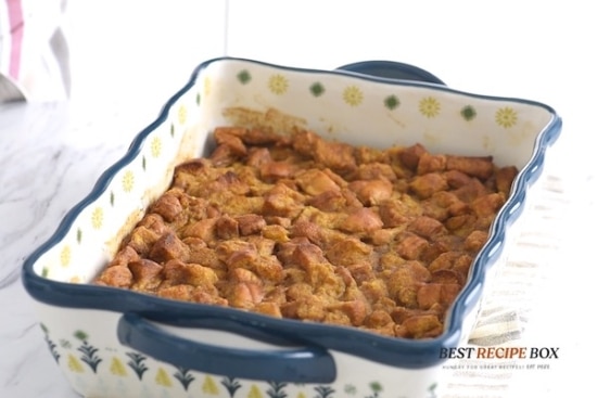 Baked bread pudding in baking dish