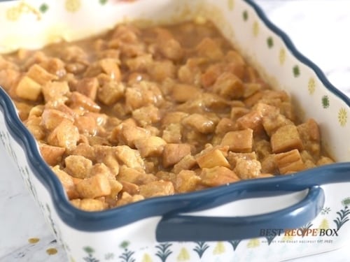 Uncooked bread pudding in baking dish
