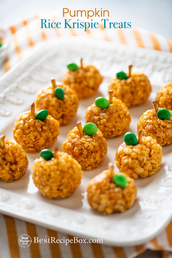 Pumpkin Rice Krispie Treats for Best Halloween Appetizers on plate 