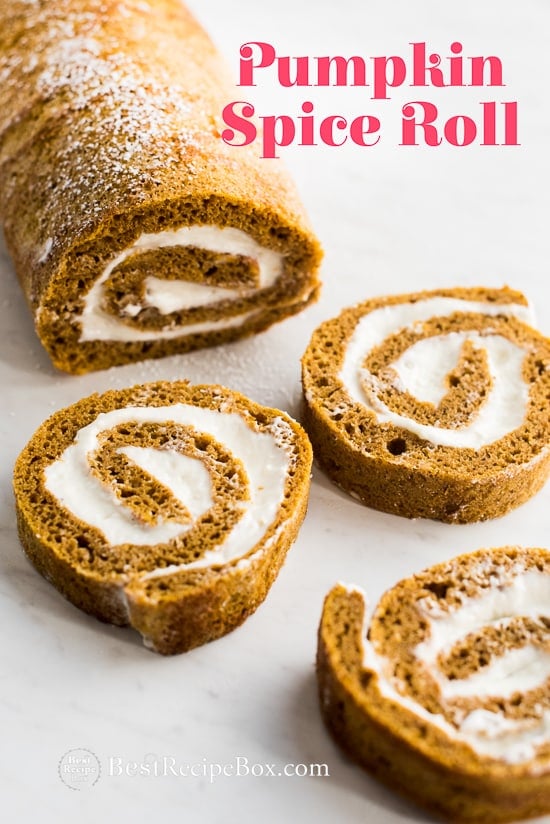 Pumpkin Spice Roll Cake with Creamy Cream Cheese Filling on a cutting board