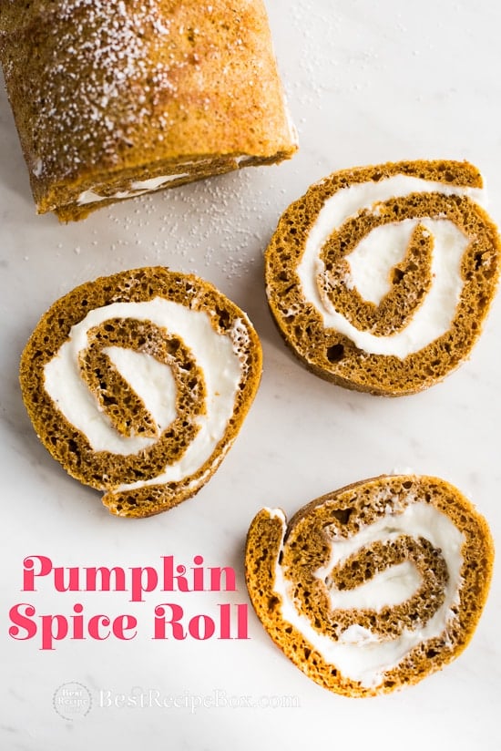 Pumpkin Spice Roll Cake with Creamy Cream Cheese Filling on a cutting board