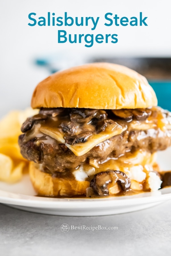 Salisbury Steak Burgers Recipe with Gravy and Mashed Potatoes on plate 