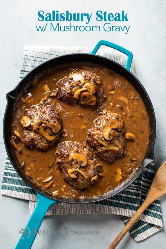 Salisbury Steak Recipe with Mushroom Gravy in a cooking pot