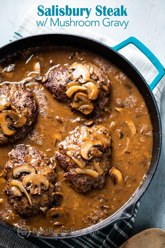 Salisbury Steak Recipe with Mushroom Gravy in a casserole