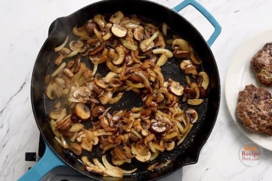 Mushrooms and onions browned in a skillet