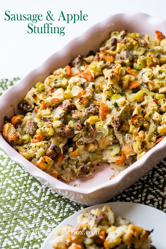 Sausage Apple Stuffing Recipe for Thanksgiving in a casserole 