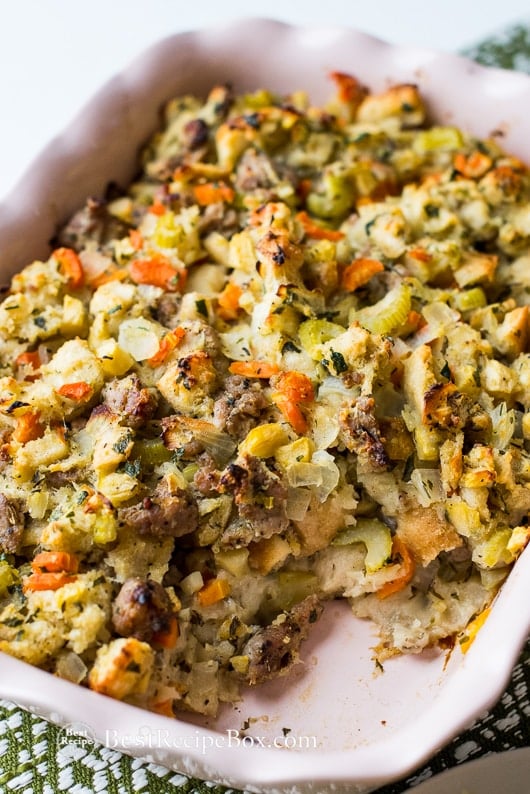 Sausage Apple Stuffing in a casserole pan 