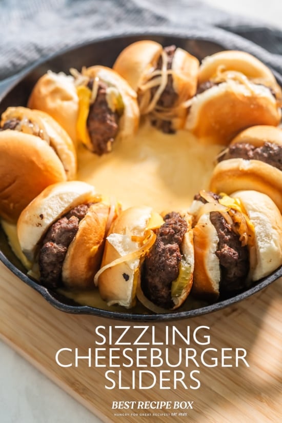hot skillet with cheese and sliders