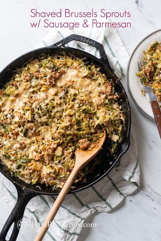 Skillet Brussels Sprouts Recipe in a cast iron with wooden spoon