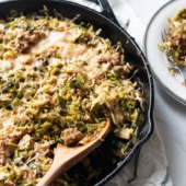 Skillet Shaved Brussels Sprouts with Sausage and Cheese