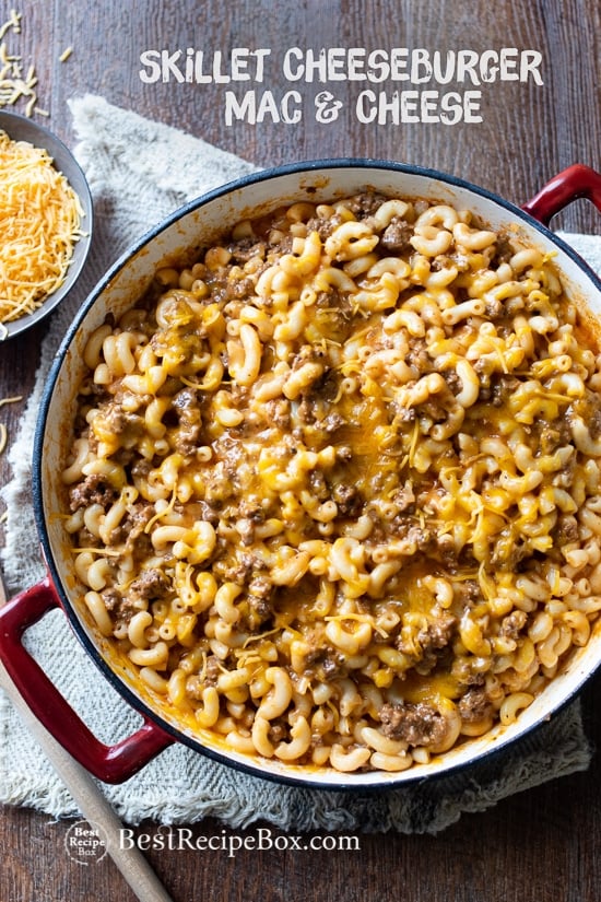 Skillet Cheeseburger Macaroni and Cheese recipe in a cooking pot