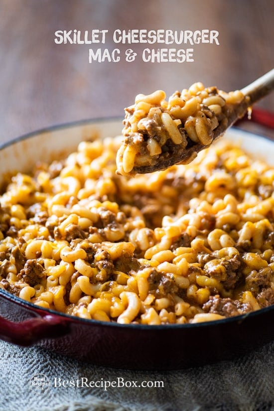 Skillet Cheeseburger Macaroni and Cheese recipe in a cooking pot with spoon