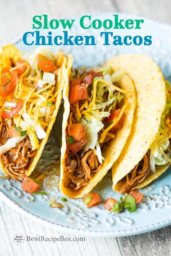 Slow Cooker Chicken Tacos Recipe in Crock Pot on plate