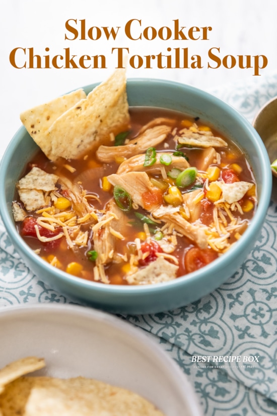 plated bowl filled with slow cooker chicken tortilla soup 