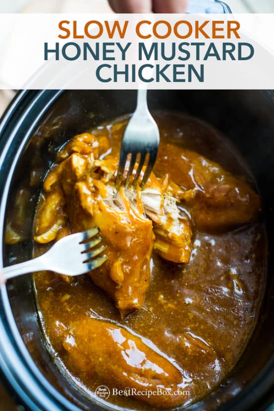 Slow Cooker Honey Mustard Chicken Recipe in Crock Pot with forks