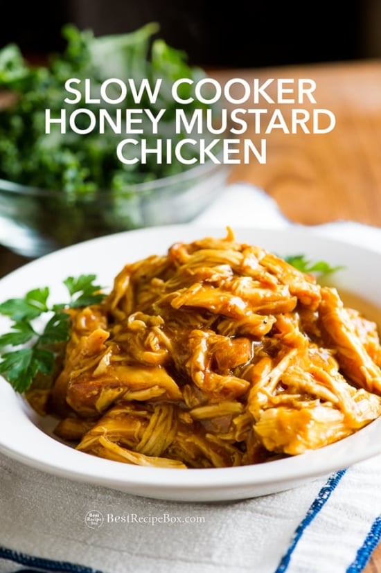 Slow Cooker Honey Mustard Chicken Recipe in Crock Pot in bowl