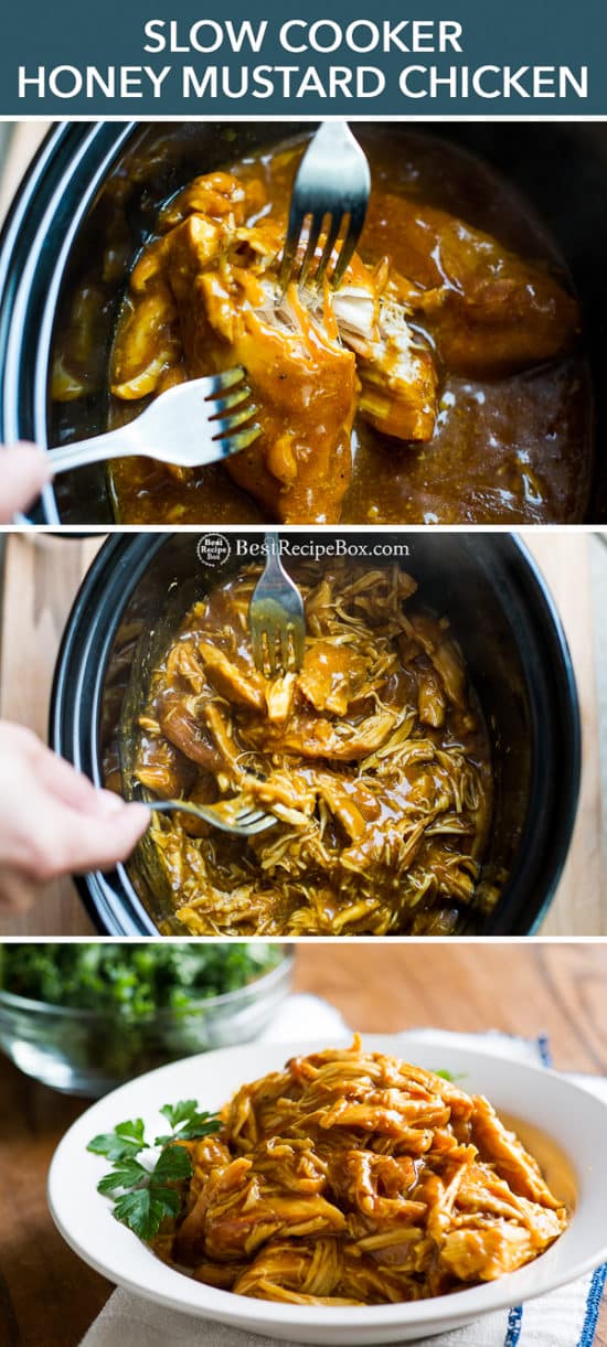 Slow Cooker Honey Mustard Chicken Recipe in Crock Pot with forks step by step
