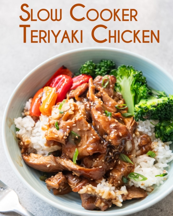 bowl of rice and veggies with slow cooker chicken teriyaki