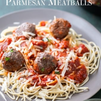 plated spaghetti and parmesan meatballs