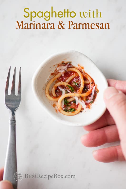 Spaghetto Recipe with Marinara and Parmesan in a bowl with a fork
