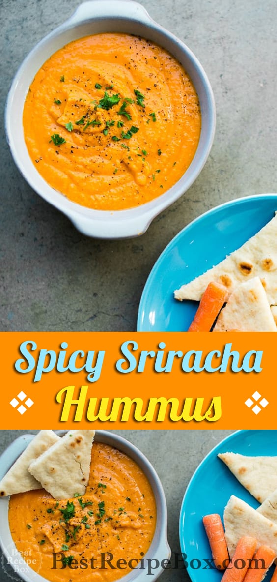 Easy 15 minute Spicy Sriracha Hummus Recipe that's super flavorful for Sriracha lovers on BestRecipeBox.com
