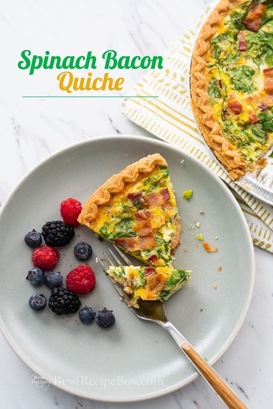 Spinach Bacon Quiche Recipe for Breakfast Brunch on a plate 