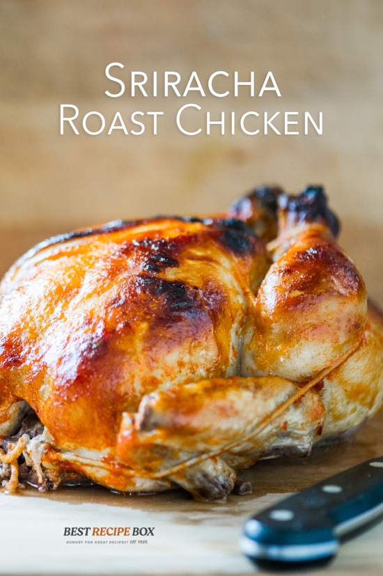 cooling sriracha roast chicken on cutting board