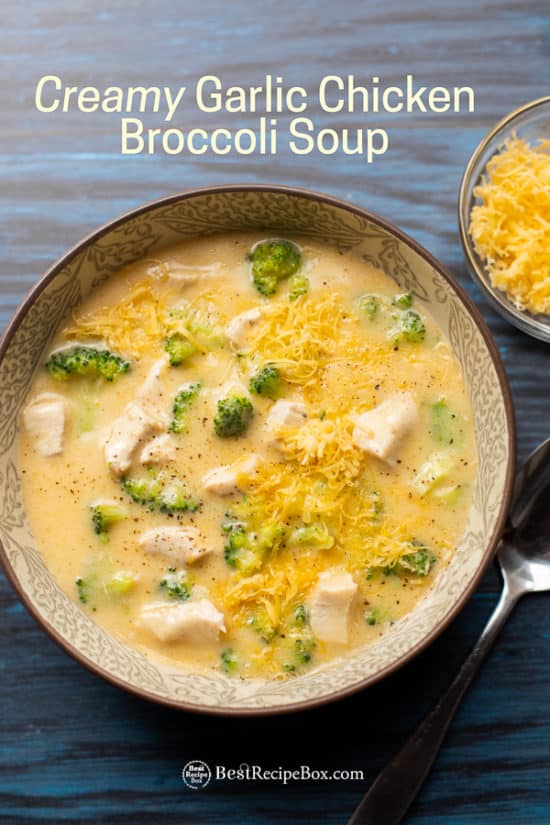 Stove top Creamy Garlic Chicken Broccoli Soup Recipe in bowl