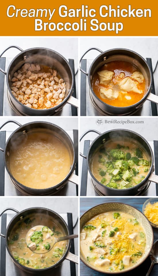 Stove top Creamy Garlic Chicken Broccoli Soup Recipe step by step