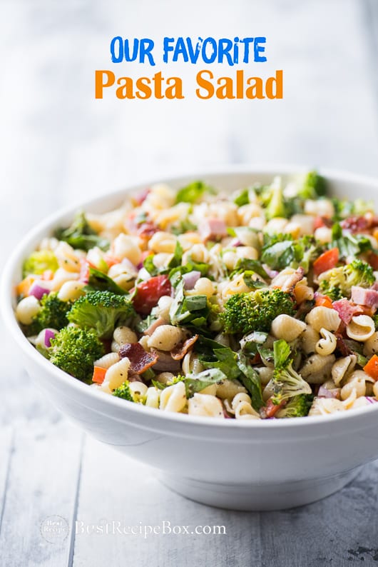 Supreme Garden Pasta Salad recipe loaded with veggies in a bowl 